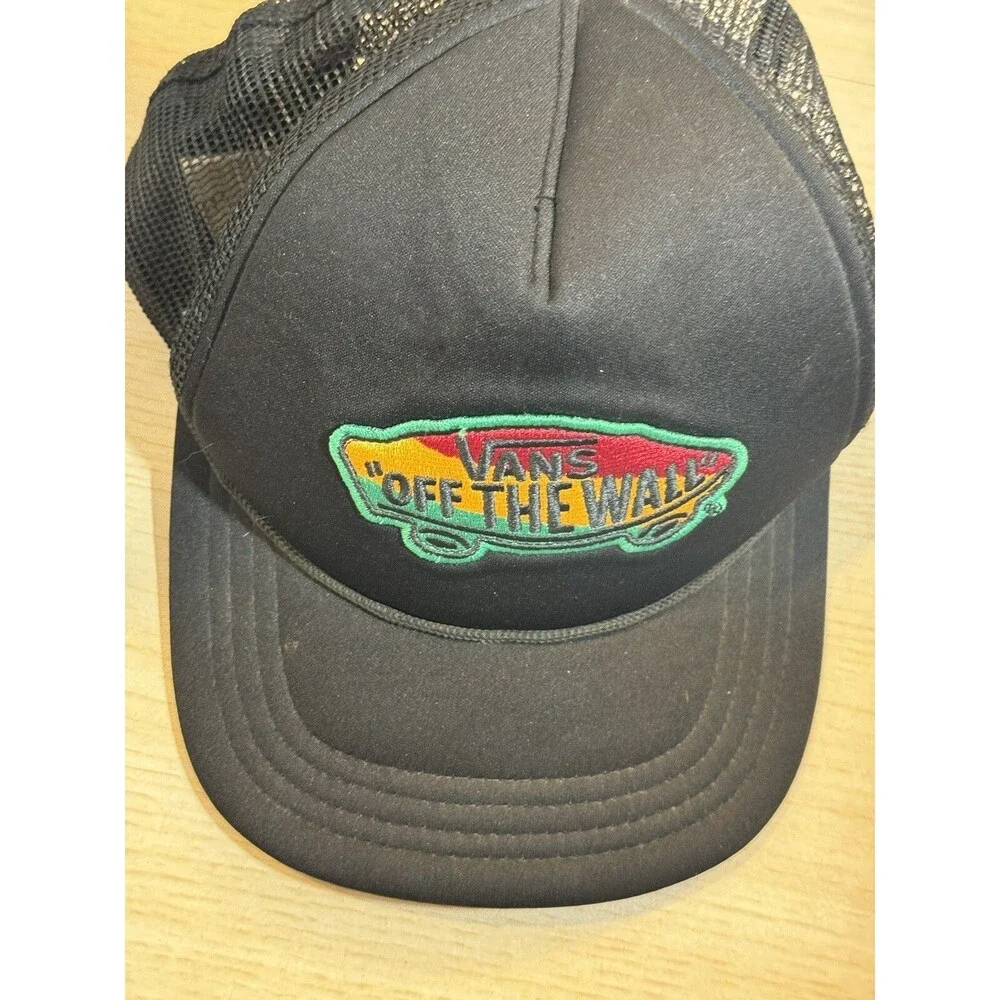 Vtg Vans Off The Wall Black Trucker Hat Rasta Logo Patch Mesh Back Adjustable
